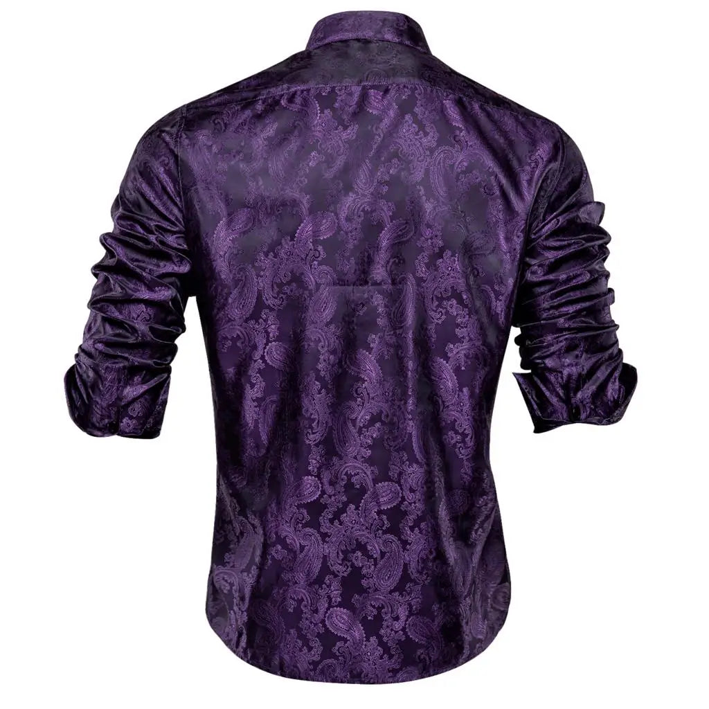Lilac Mauve Lavender Purple Silk Mens Shirts Luxury Lapel Long Sleeve Dress Shirt