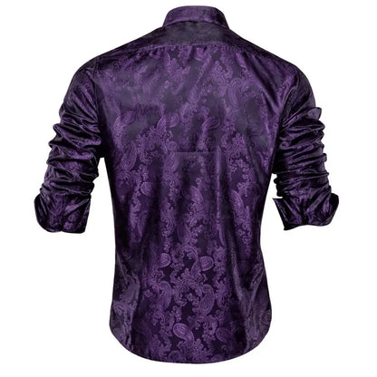 Lilac Mauve Lavender Purple Silk Mens Shirts Luxury Lapel Long Sleeve Dress Shirt