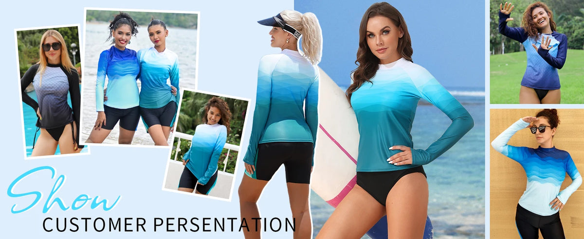 Women's long sleeve printed rashguard surf swimsuit with thumb holes, UPF 50+ skin-friendly fabric from The Clothing Company Sydney.