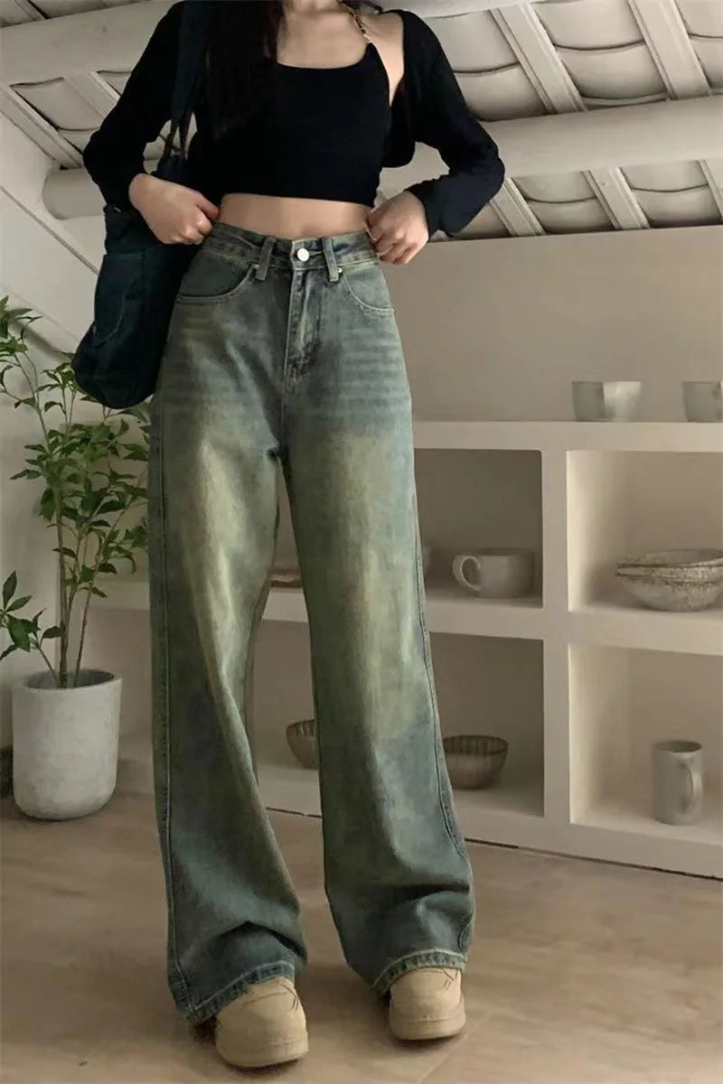 Vintage Baggy Straight Denim Trousers Y2K High Waist Loose Wide Leg Jeans Women Streetwear All-Match Casual Pants