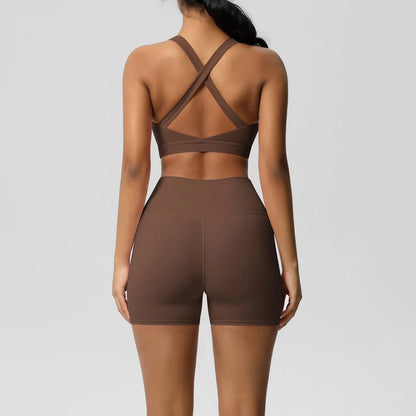 2 Piece Sportswear Pocketed Yoga Set Gym Clothes Yoga Suits Womens Sports Shorts Crossover Bra Gym Leggings Bike Shorts Set The Clothing Company Sydney