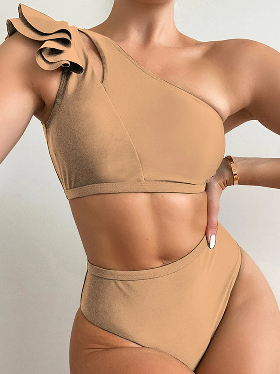 One Shoulder Women Ruffle Swimsuit Solid High Waist Swimwear Padded Bathers Bathing Swimming Suit Beachwear The Clothing Company Sydney