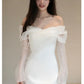 One Shoulder Satin Light Wedding Dress with Simple and Slim Fit Sweet Long Sleeved Bride Evening Gown