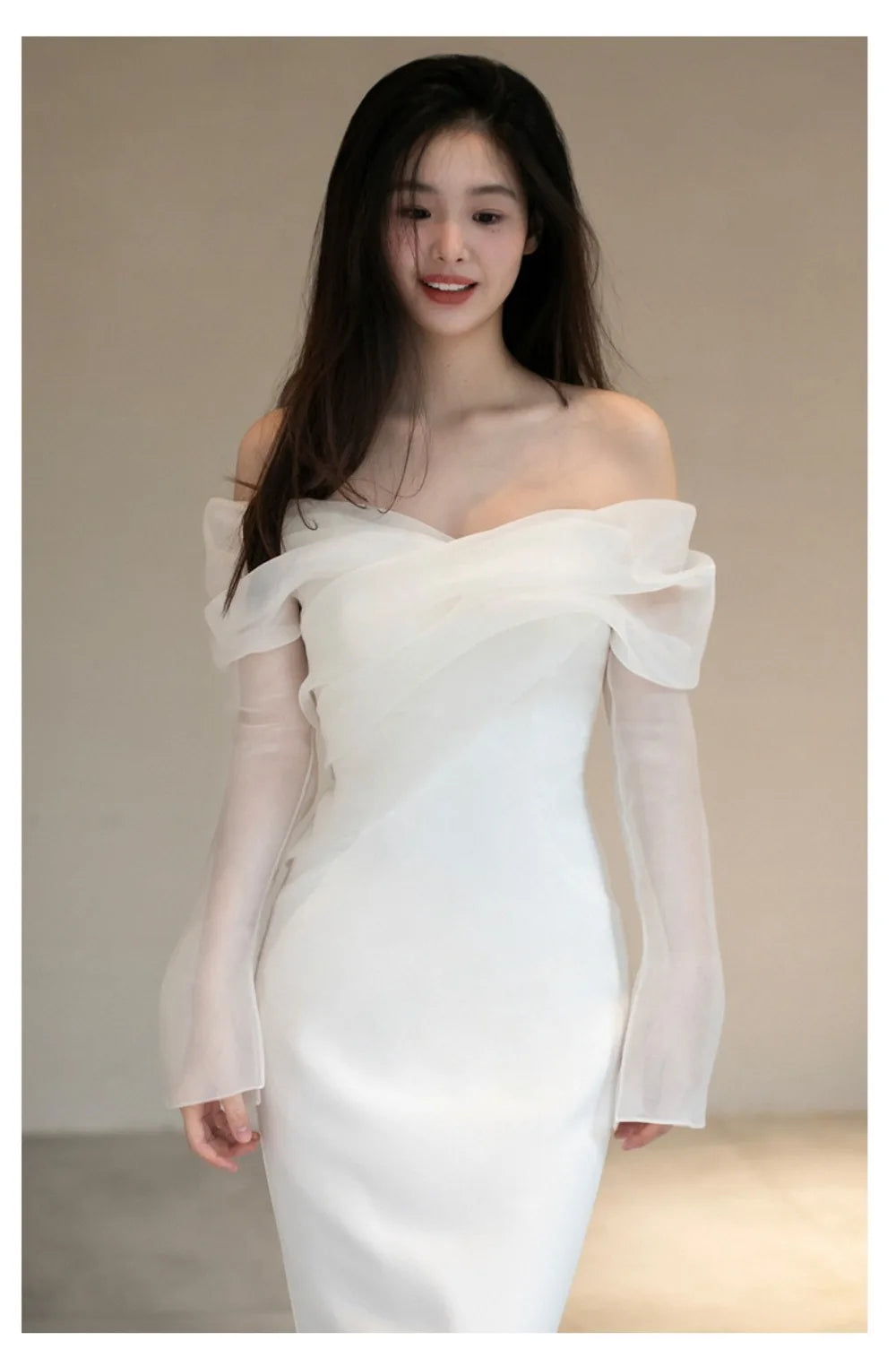 One Shoulder Satin Light Wedding Dress with Simple and Slim Fit Sweet Long Sleeved Bride Evening Gown