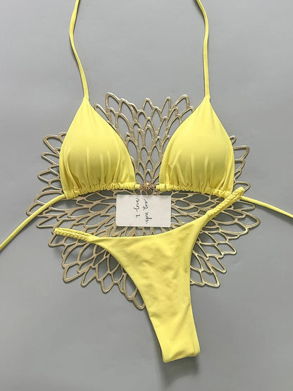 Backless Brazilian swimsuit set with lace-up print and thong design, featuring micro bikini style from The Clothing Company Sydney.