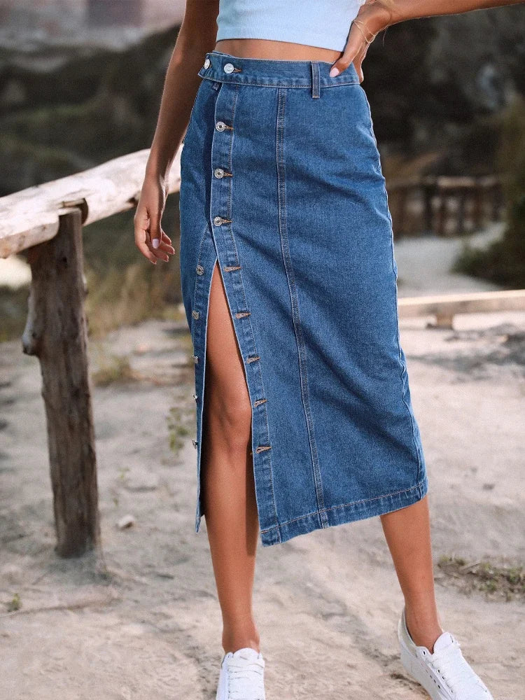 Women's Button A-line Side Split High Waist Denim Skirt Office Lady Black Blue Midi Jean Skirts Autumn Winter Long Skirt The Clothing Company Sydney