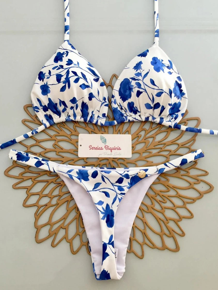 Two-piece lace-up Brazilian swimsuit with printed design, backless style, thong cut, micro bikini set, by The Clothing Company Sydney.