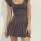 Brown Vintage Y2K Folds Slim Summer Mini Dress for Women Round Neck Dress The Clothing Company Sydney