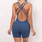 Criss Cross Backless Unitard Gym Women Romper One Piece Yoga Set Sportswear Sleeveless Sport Short Jumpsuit Playsuit Fitness Overalls