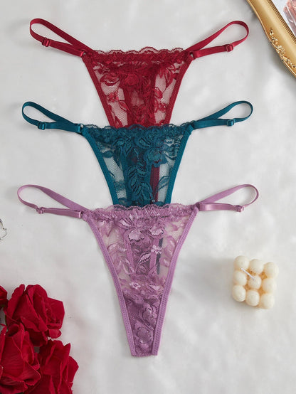 3 Pack Women's Lace Panties Underwear Adjustable Strap Floral Lace Sheer Mesh Thong G String The Clothing Company Sydney