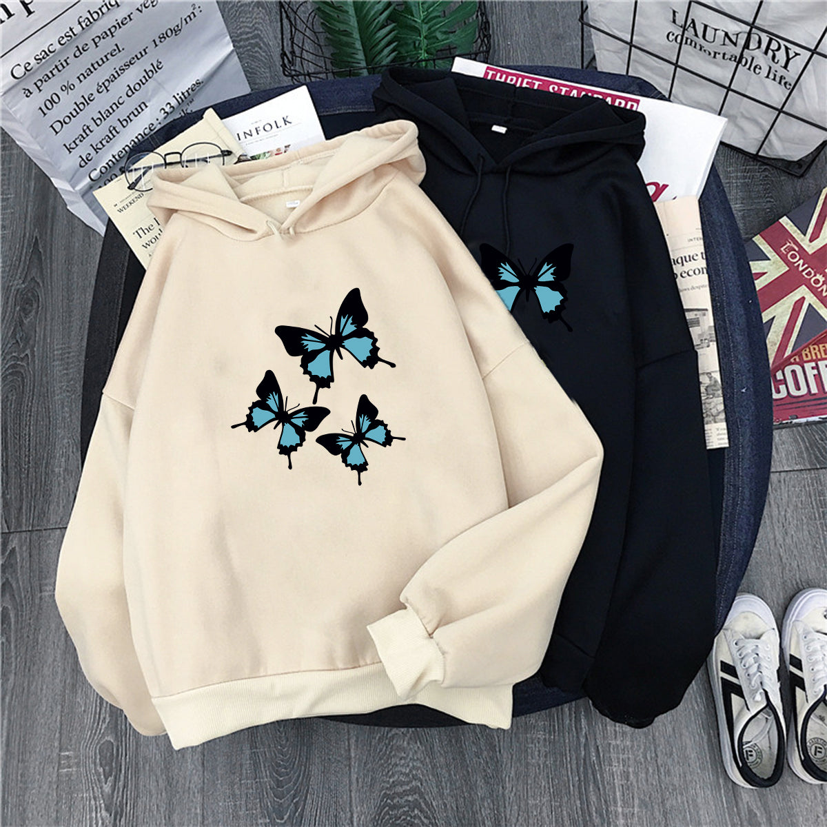 Butterflies Graphic Print Womens Long Sleeve Oversized Sweatshirt Streetwear Fleece Ladies Top