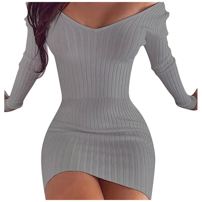 Slim Knitted Solid Color V Neck Long Sleeve Stretchy Short Bodycon Dress Autumn Winter Casual Short Dress The Clothing Company Sydney