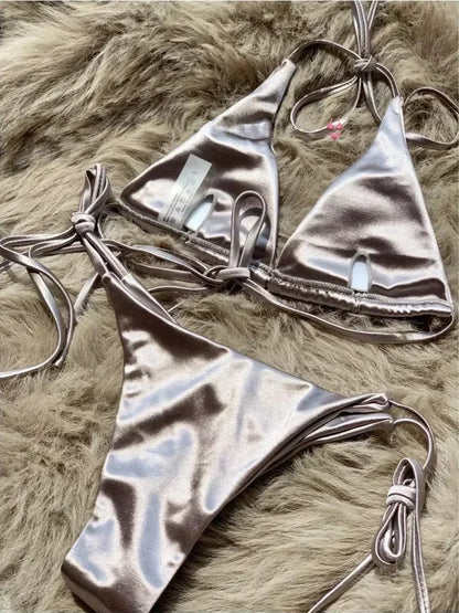 2 Piece Halter Brazilian Metallic Satin Swimwear Swimsuit Two-piece Bikini Set High Cut Bathing Suit Swim Beachwear