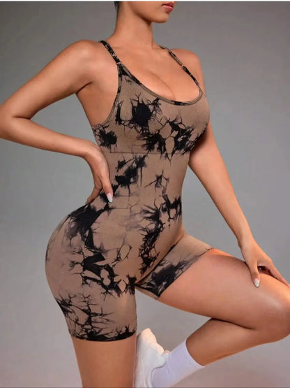 Tie Dye Yoga Bodysuit for Women - Seamless Strappy Dance Leotard High Cut Workout Unitard for Gym Fitness Jumpsuit