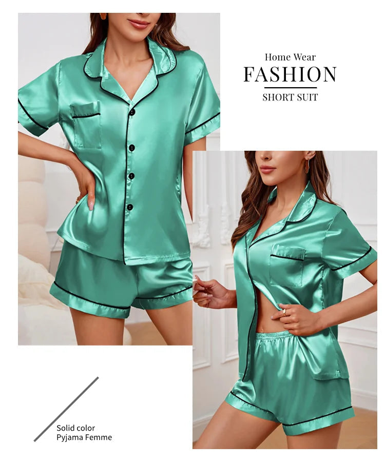 Summer Silk Satin Women Pyjamas Set Button Down Top & Shorts 2 Piece Sleepwear Notched Collar Nightwear Loungewear The Clothing Company Sydney