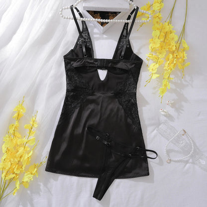 Deep-V Neck Satin Lingerie Lace Patchwork Split Night Dress Women Slip Dress Nightwear The Clothing Company Sydney