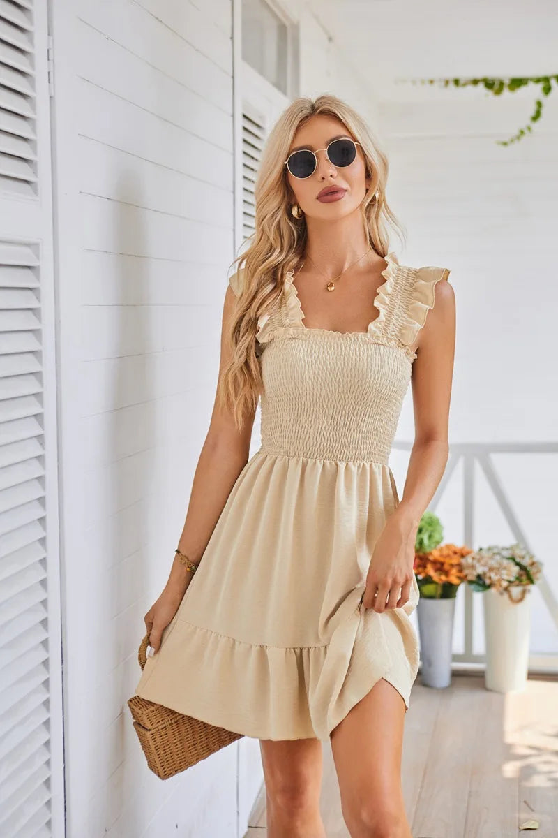 Womens Summer Casual Boho Sleeveless Backless Square Neck Smocked Ruffle Mini Dress A-Line Swing Sundress