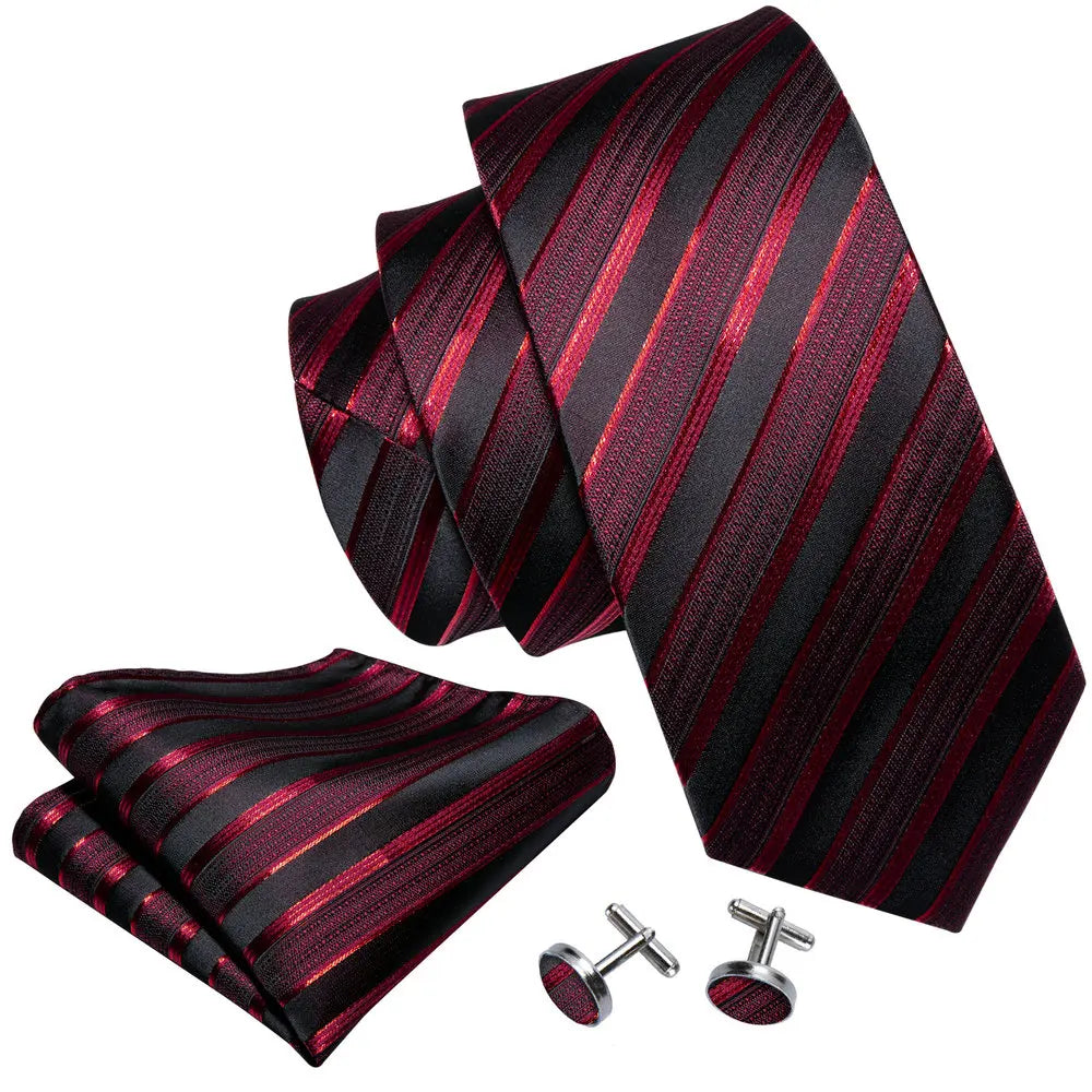 Men's Business Red Striped Silk Tie Hanky Cufflinks Wedding Party Casual Necktie Set