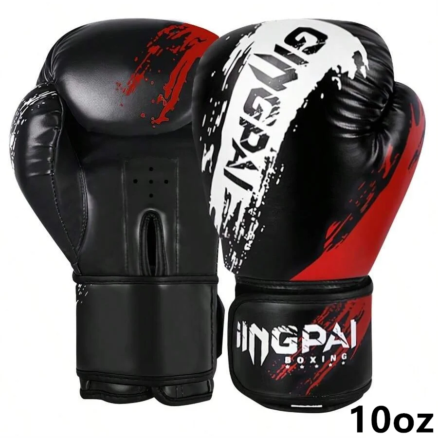 Black, red and blue adult and kid boxing Muay Thai gloves with adjustable wrist straps for training and sparring
