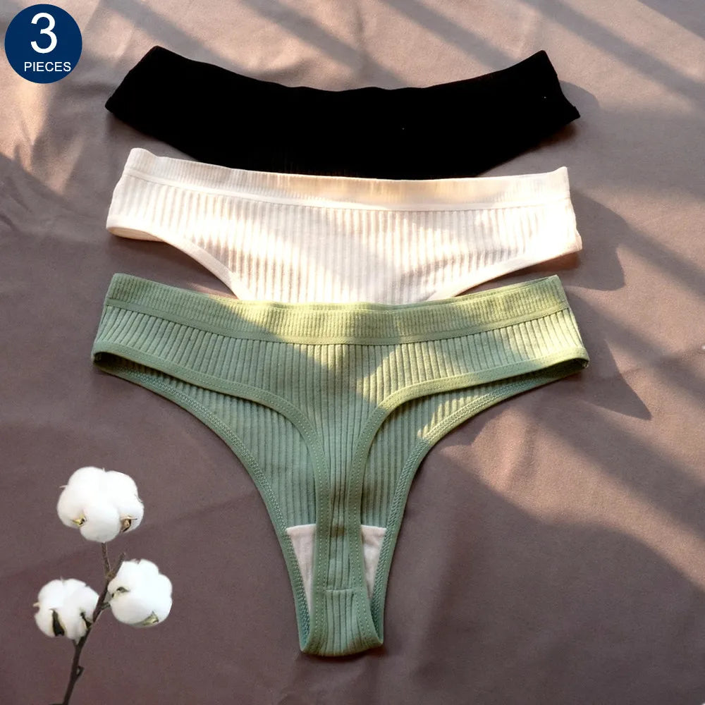 3 Pack Seamless Ribbed Cotton Thong Low Waist Bikini Briefs Sports Underwear Plus Size