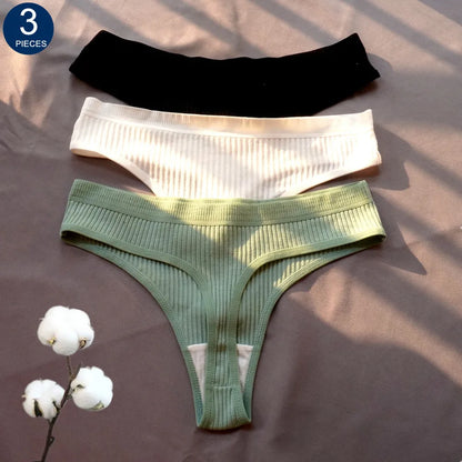 3 Pack Seamless Ribbed Cotton Thong Low Waist Bikini Briefs Sports Underwear Plus Size