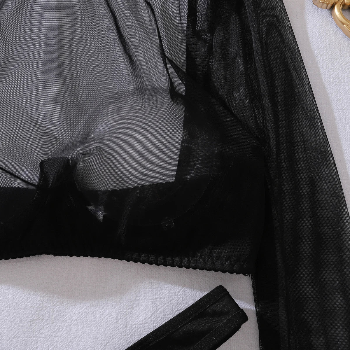 4 Piece Lingerie See Through Long Sleeve Top Brief with Stockings Intimate Party Night Outfit Set The Clothing Company Sydney