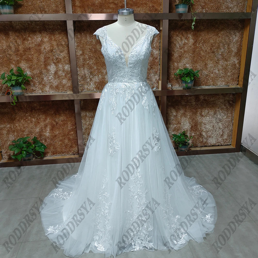 Elegant Wedding Dress For Women V-Neck Cap Sleeve Lace Appliques With Button Sweep Train Custom Made Wedding Dress The Clothing Company Sydney