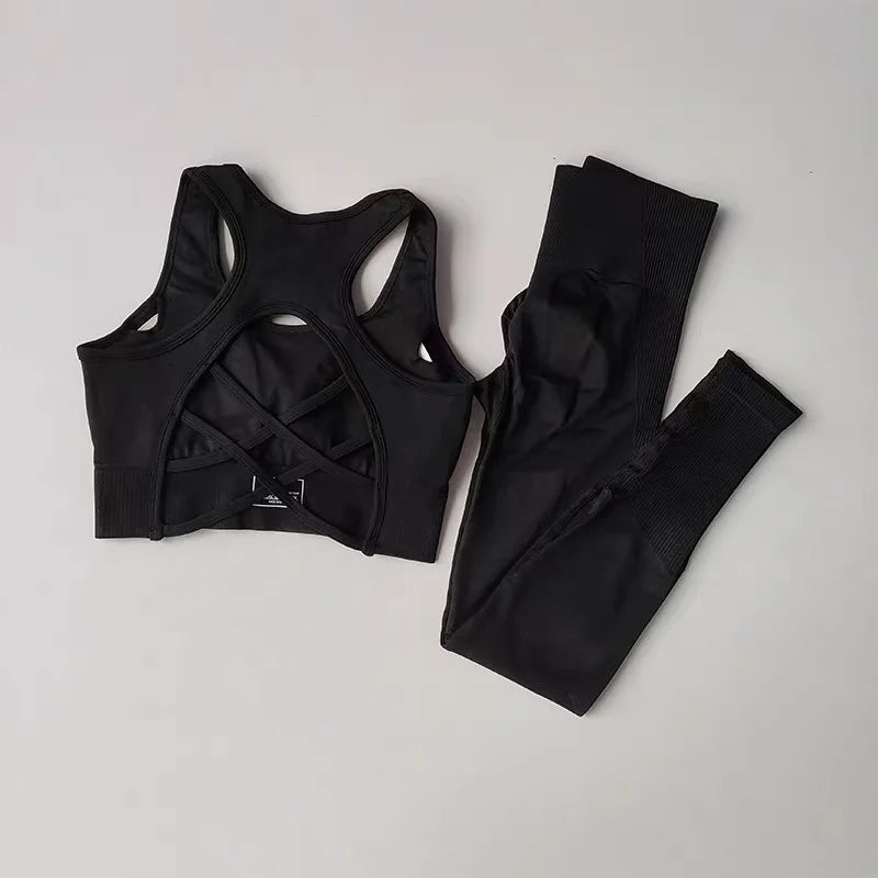 2 Piece Sports Bra Women's Matching Set Fitness Tank Top Bra Shockproof Running Leggings Yoga Suit Criss Cross Back Bra Clothing
