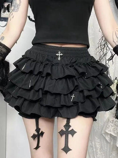 Women's Tiered Ruffles Mini Skirt with Cross Charms Built-in Shorts Skort Gothic Punk Skirt The Clothing Company Sydney