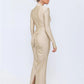 Hollow Out Long Sleeve Maxi Dress Gown Autumn Winter New Metal Buckle Ruched Slit Long Elegant Dress