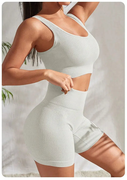 Seamless Ribbed Yoga Sets Workout Sets for Women 2 Pieces Gym Suits Ribbed Crop Tank High Waist Shorts Outfits Fitness Running The Clothing Company Sydney
