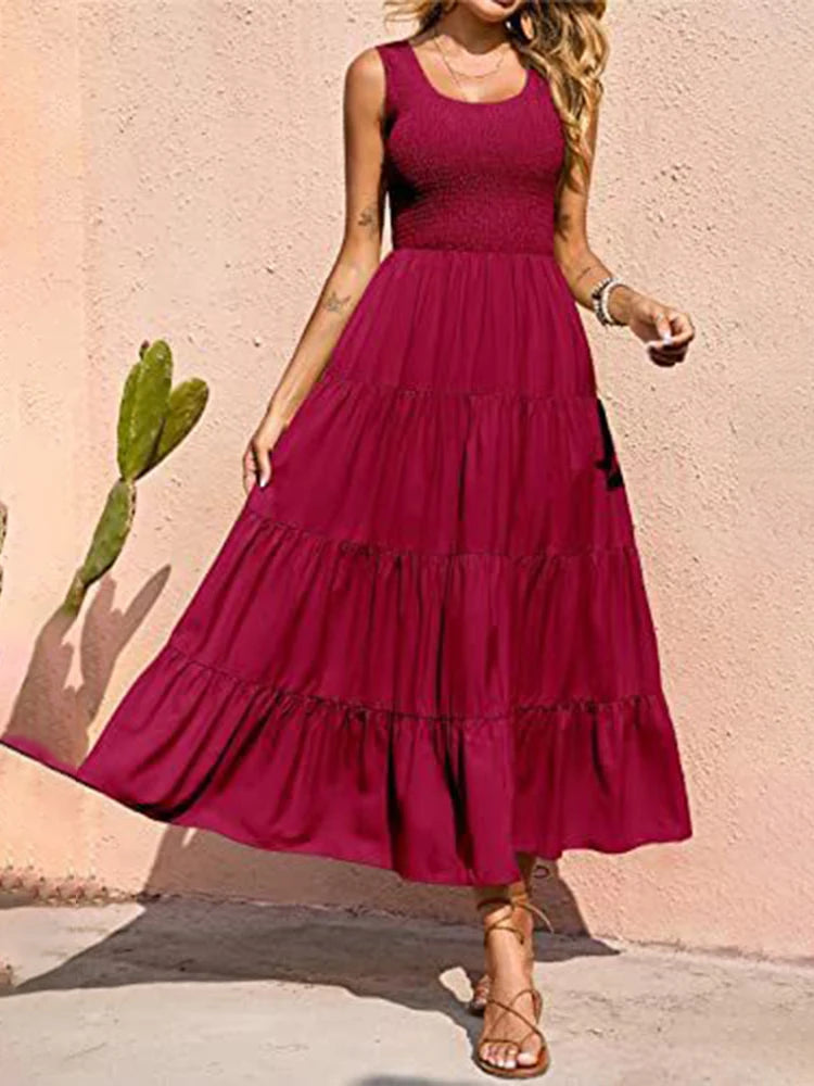 Elegant Sleeveless Floral Solid Color Long Dress Fashion Elastic Waist Beach Party Dress The Clothing Company Sydney