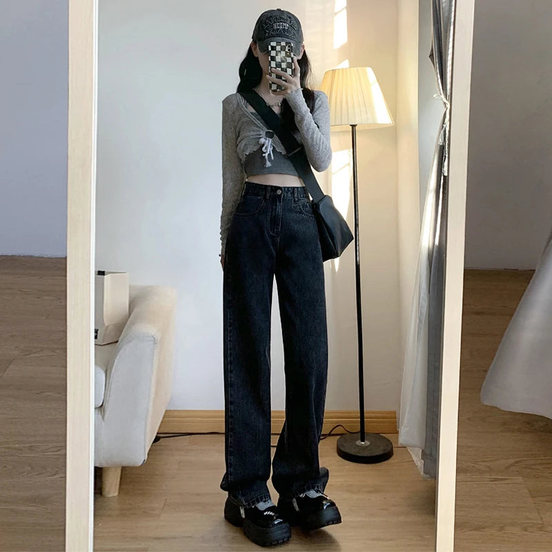 High Waisted Jeans Y2K Fashion Women Clothing Blue Black Straight Leg Denim Pants Trousers Mom Jean Baggy Trousers