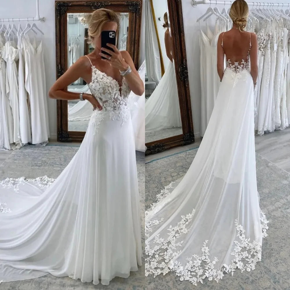 Beach A Line Chiffion Wedding Dresses V-neck Spaghetti Straps Backless Button Boho Bridal Gowns