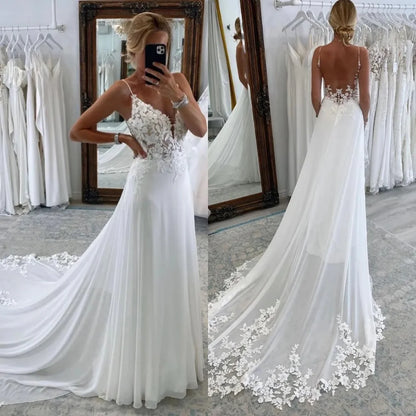 Beach A Line Chiffion Wedding Dresses V-neck Spaghetti Straps Backless Button Boho Bridal Gowns