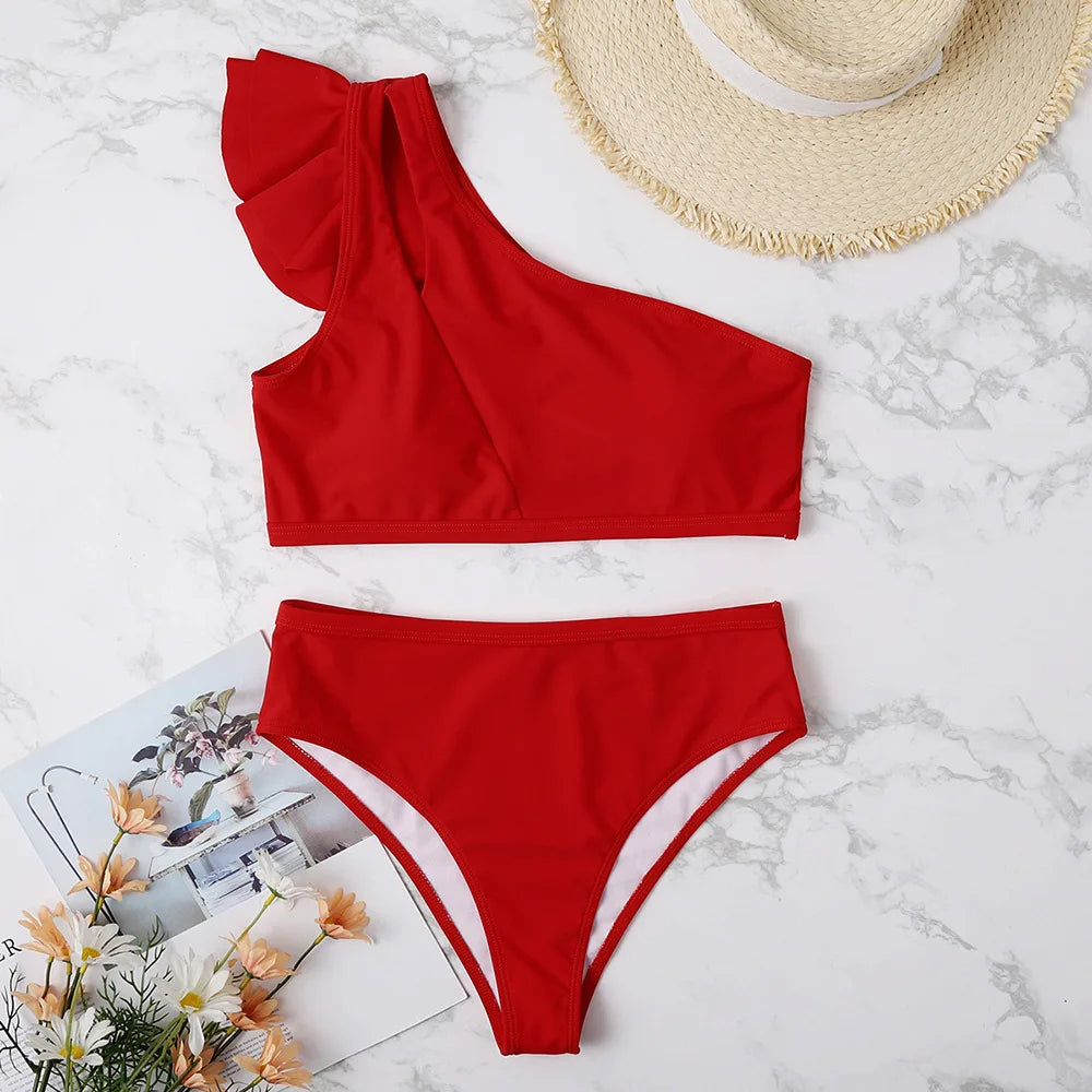 One Shoulder Women Ruffle Swimsuit Solid High Waist Swimwear Padded Bathers Bathing Swimming Suit Beachwear The Clothing Company Sydney