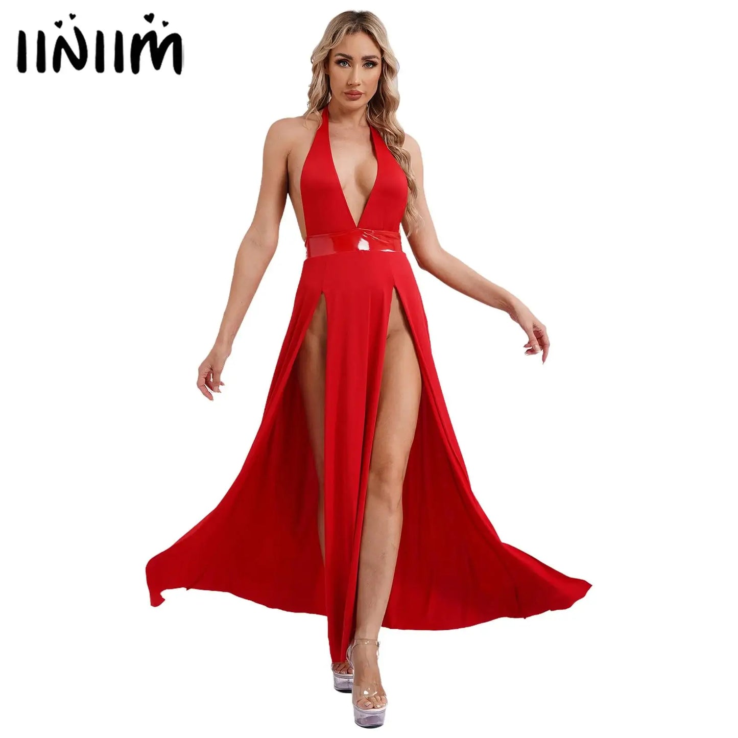 Womens Nightclub Deep V Neck Halter Backless Sleeveless Front High Split High Waist Coquette Clubwear Dress The Clothing Company Sydney