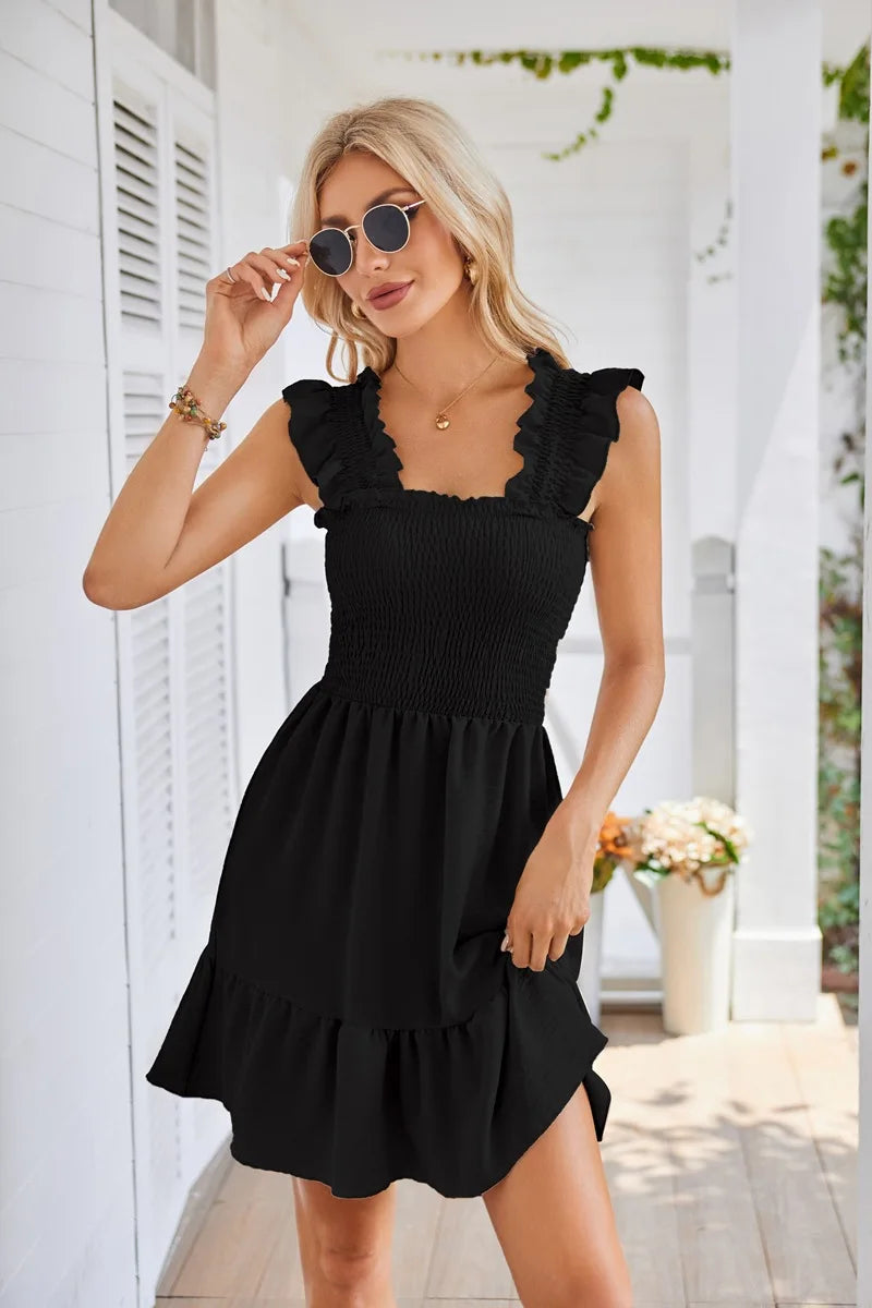 Womens Summer Casual Boho Sleeveless Backless Square Neck Smocked Ruffle Mini Dress A-Line Swing Sundress