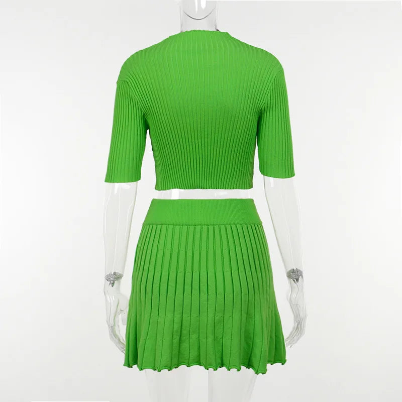 Elegant Knitted Dress Pleated Matching Outfits for Women Winter Mini Skirts 2 Piece Sets