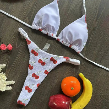 Two Piece Bikini Set Leopard Print Halter Bikini Set Cherry Print Thong Swimsuit High Waist Lace-up Bathing Suit - The Clothing Company Sydney