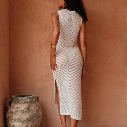 Hollow Out Sleeveless Crochet Knitted Tunic Beach Cover Up Cover-ups Mini Beach Dress Beach Wear Beachwear Female Women V6745 The Clothing Company Sydney