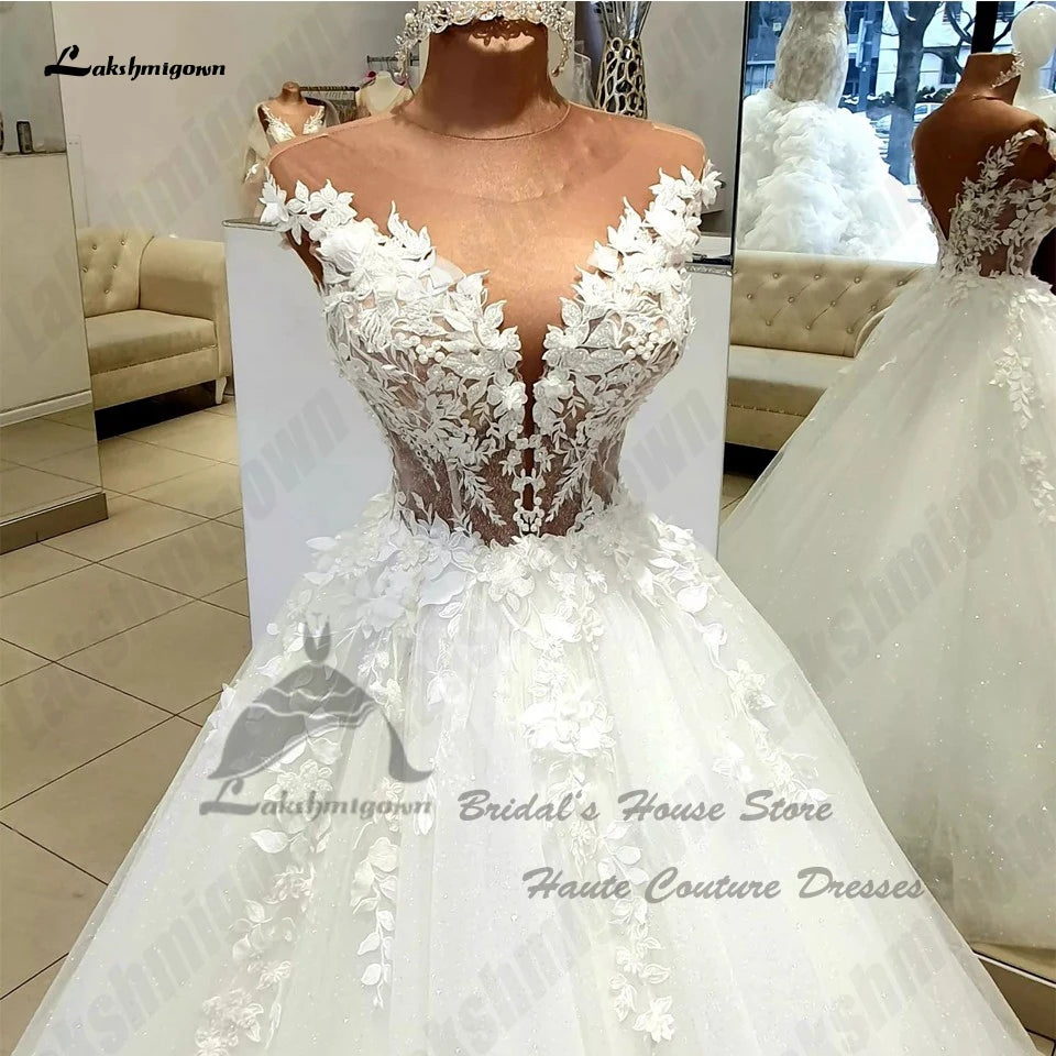 Floral Lace Ball Gown Style Sparkly Wedding Gowns 3D Glitter Princess Bridal Backless Wedding Dress The Clothing Company Sydney