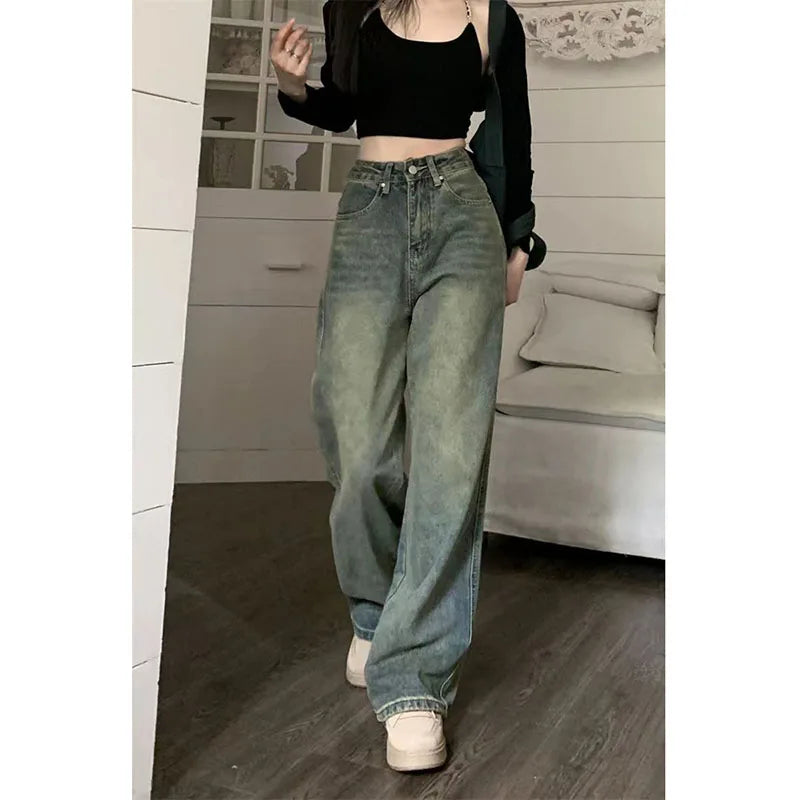 Vintage Baggy Straight Denim Trousers Y2K High Waist Loose Wide Leg Jeans Women Streetwear All-Match Casual Pants The Clothing Company Sydney