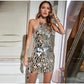 Shiny Metallic Sequin Halter Dress Women Sleeveless Round Neck Bodycon Mini Dresses Summer Glitter Party Robe The Clothing Company Sydney