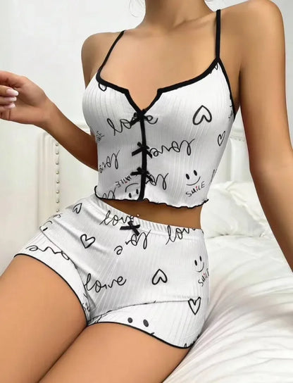 Women’s Heart Print Pyjama Set – Soft Ribbed Cami Top & Shorts with Frill Trim - The Clothing Company Sydney
