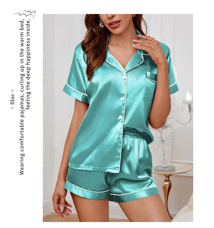 Summer Silk Satin Women Pyjamas Set Button Down Top & Shorts 2 Piece Sleepwear Notched Collar Nightwear Loungewear The Clothing Company Sydney