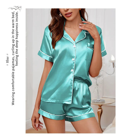Summer Silk Satin Women Pyjamas Set Button Down Top & Shorts 2 Piece Sleepwear Notched Collar Nightwear Loungewear The Clothing Company Sydney