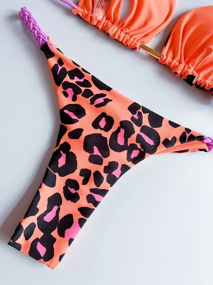 Women's Braided rope Micro Bikinis  Swimsuit Leopard Print Beach Bathing Suit