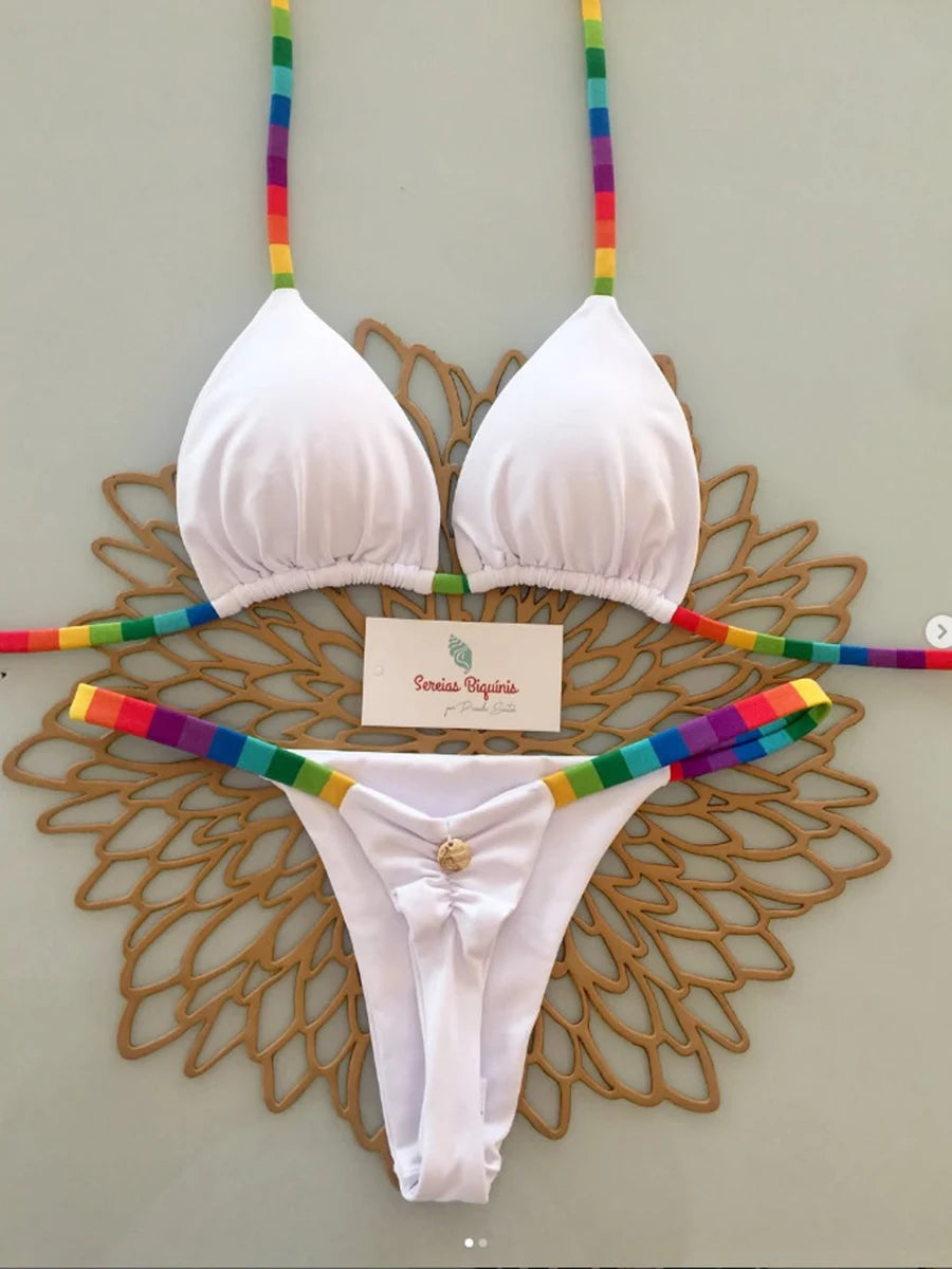 Brazilian lace-up print backless swimsuit set by The Clothing Company Sydney, featuring a micro thong bikini design for beachwear.