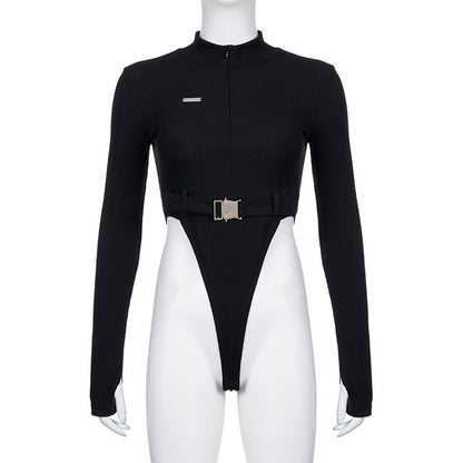 Streetwear Zipper Skinny Black Women Bodysuits Top Buckle Turtleneck Autumn Body Fashion Motorcycle One Piece Bodysuit The Clothing Company Sydney